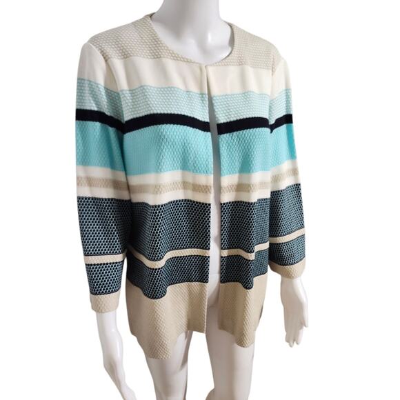 Misook Cardigan Jacket Womens Large Blue Brown Knit Colorblock Stripe Open Front - Picture 5 of 12